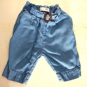 Zara Baby Belted Chambray Pants Stretch Waist Faux Wooden Buckle Casual Denim